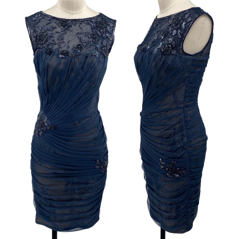 Tadashi Shoji Beaded Lace Overlay Ruched Cocktail Mini Dress Navy Blue Womens 2